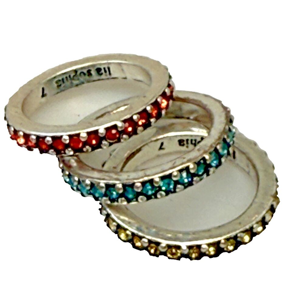 Lia Sophia Rhinestone Band Rings Trio Red Yellow Blue Size 7 GUC Jewelry